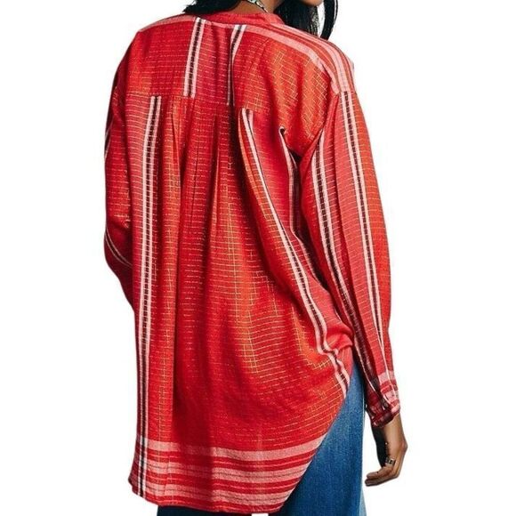 FREE PEOPLE LONG SLEEVE YARN DYE LUREX TUNIC TOP Red Orange Size XS - Picture 12 of 12